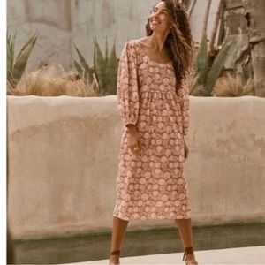FAHERTY Freya Dress Square Neck Floral Midi S Cotton Earth-tone Long Sleeve $178